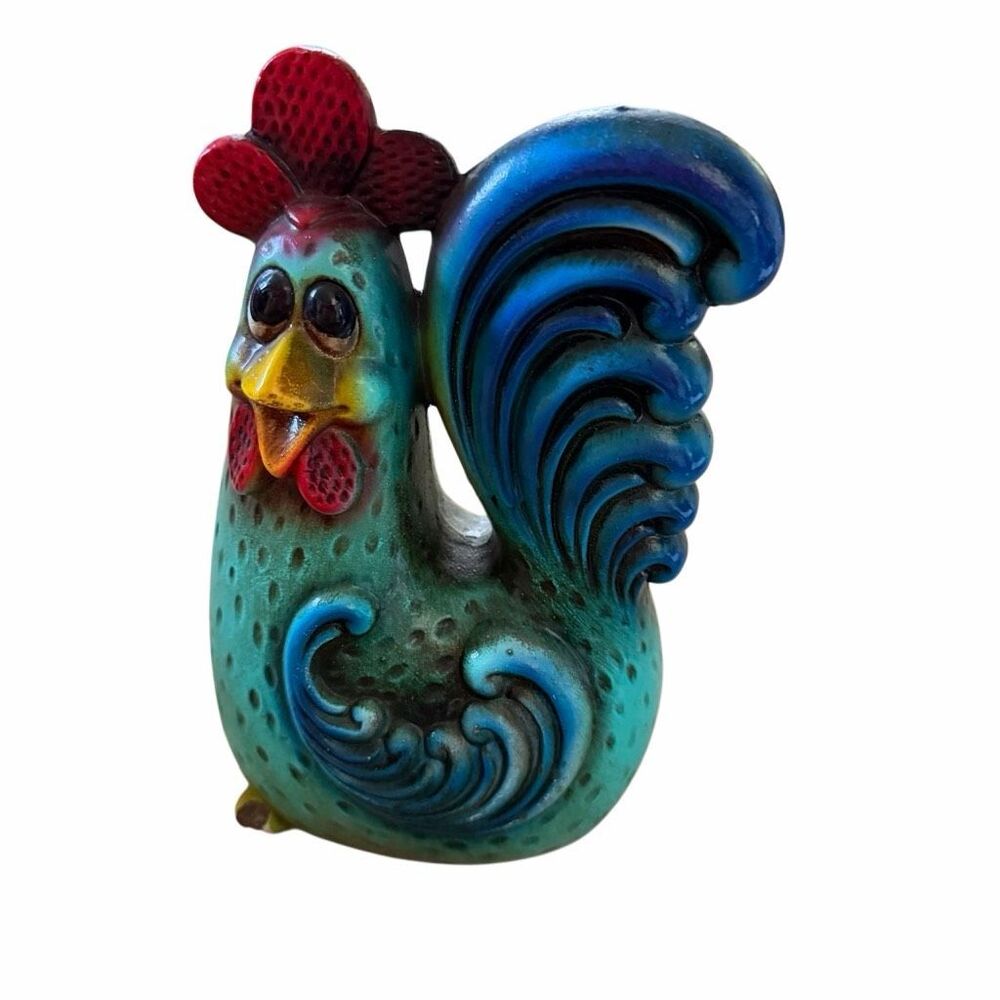 Vintage Mid Century Ceramic Rooster Coin Bank Japan Turquoise Blue Green 7"